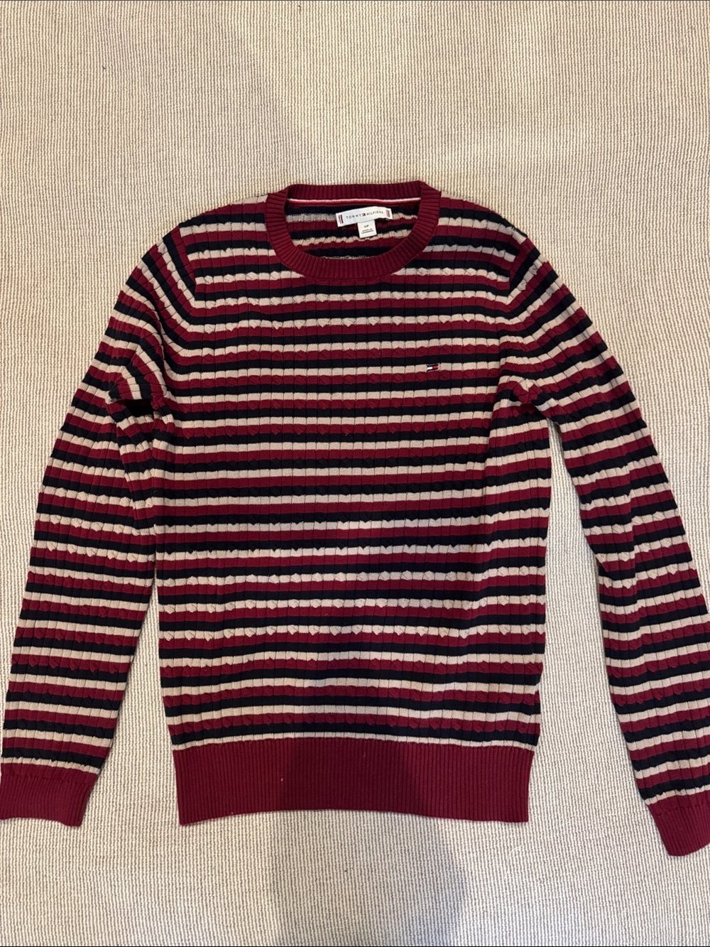 Tommy Hilfiger Striped Crewneck Sweater in Burgundy, Black & Cream